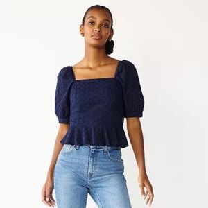 Women's DRAPER JAMES RSVP Puff-Sleeve Squareneck Peplum-Hem Top M